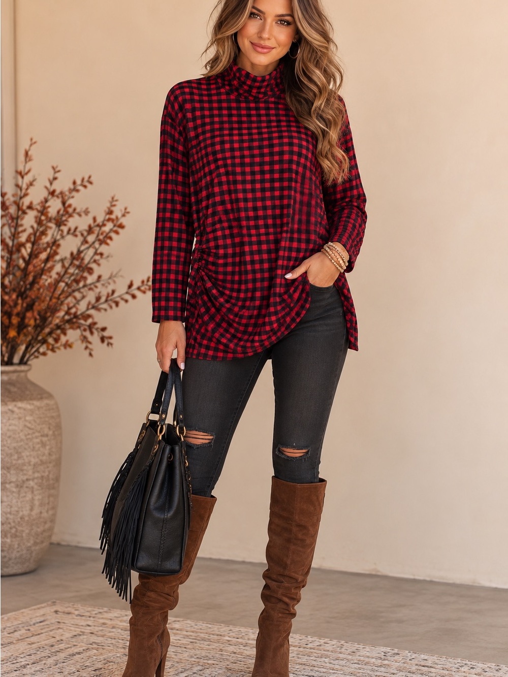 Zara Red Black Gingham Plaid Ruched Side High Neck Asymmetrical Top Large Fall